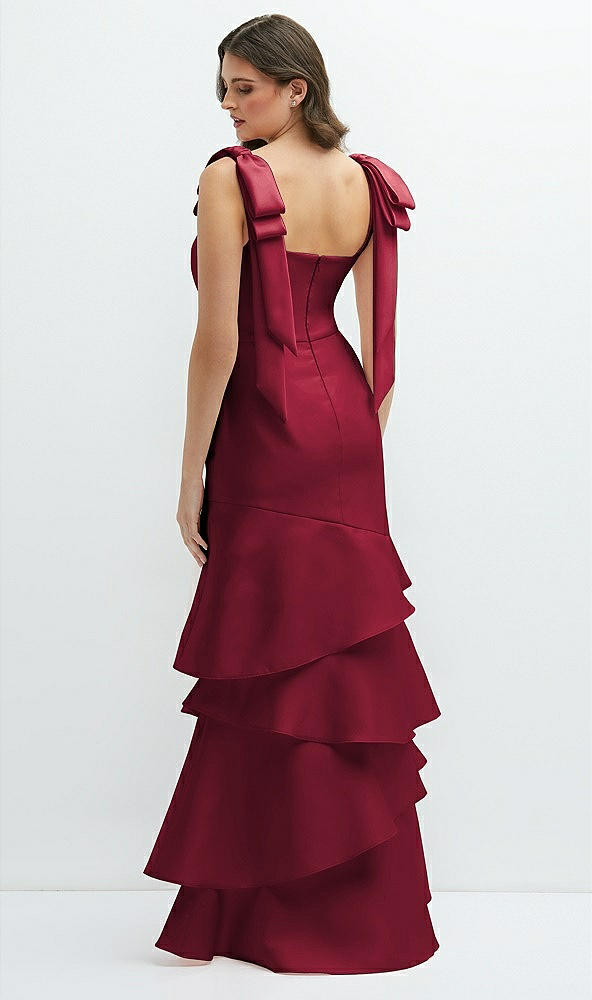 Back View - Burgundy Bow-Shoulder Satin Maxi Dress with Asymmetrical Tiered Skirt