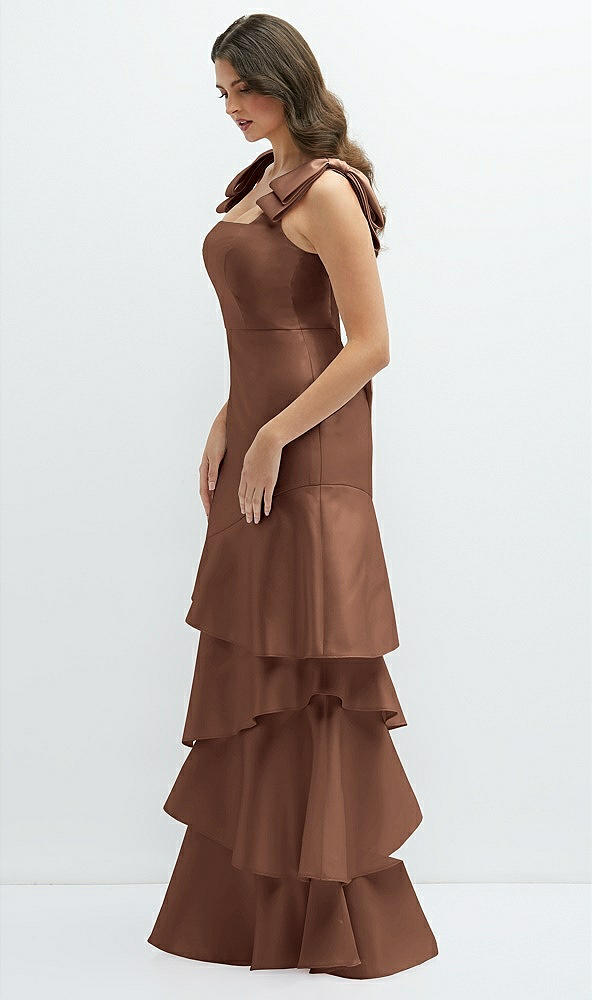 Front View - Cognac Bow-Shoulder Satin Maxi Dress with Asymmetrical Tiered Skirt