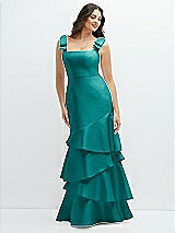 Side View Thumbnail - Jade Bow-Shoulder Satin Maxi Dress with Asymmetrical Tiered Skirt