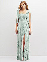 Front View Thumbnail - Mint Green Floral Bow Shoulder Square Neck Chiffon Maxi Dress