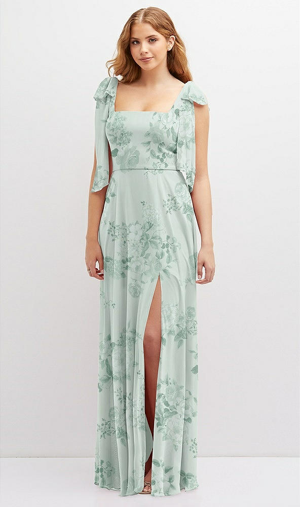Front View - Mint Green Floral Bow Shoulder Square Neck Chiffon Maxi Dress