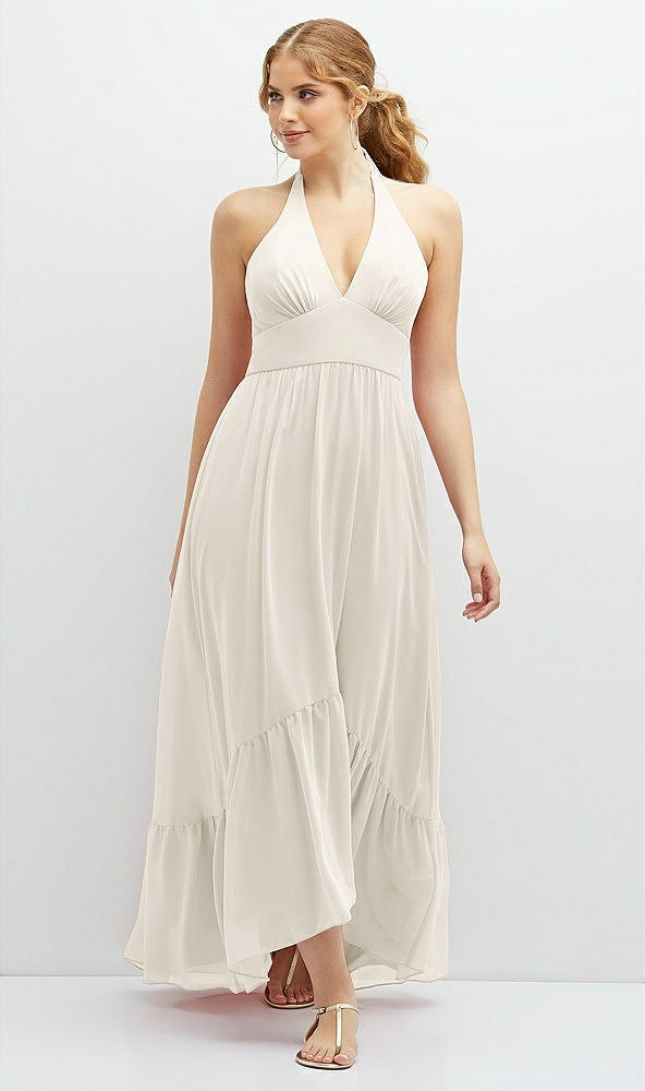 Front View - Ivory Chiffon Halter High-Low Dress with Deep Ruffle Hem