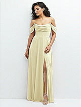 Front View Thumbnail - Butter Yellow Chiffon Corset Maxi Dress with Removable Off-the-Shoulder Swags