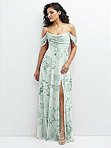 Front View Thumbnail - Mint Green Floral Chiffon Corset Maxi Dress with Removable Off-the-Shoulder Swags