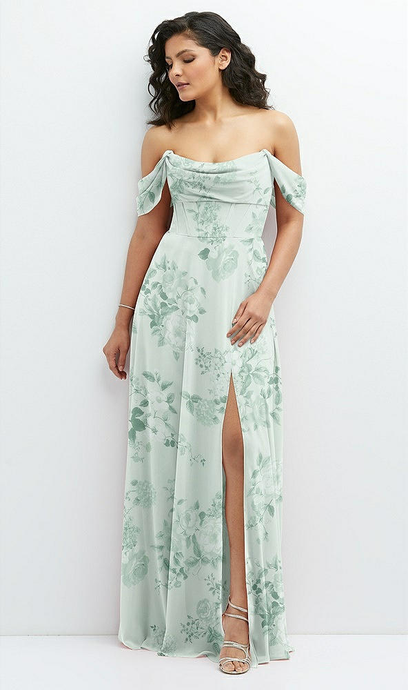 Front View - Mint Green Floral Chiffon Corset Maxi Dress with Removable Off-the-Shoulder Swags