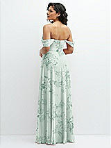 Rear View Thumbnail - Mint Green Floral Chiffon Corset Maxi Dress with Removable Off-the-Shoulder Swags