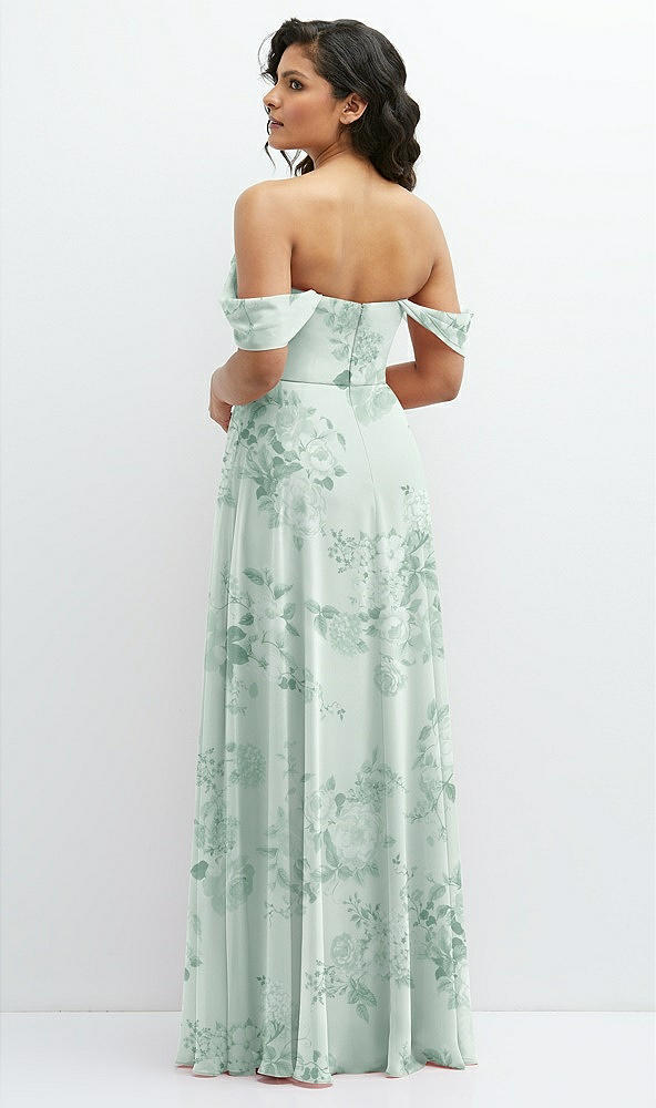 Back View - Mint Green Floral Chiffon Corset Maxi Dress with Removable Off-the-Shoulder Swags
