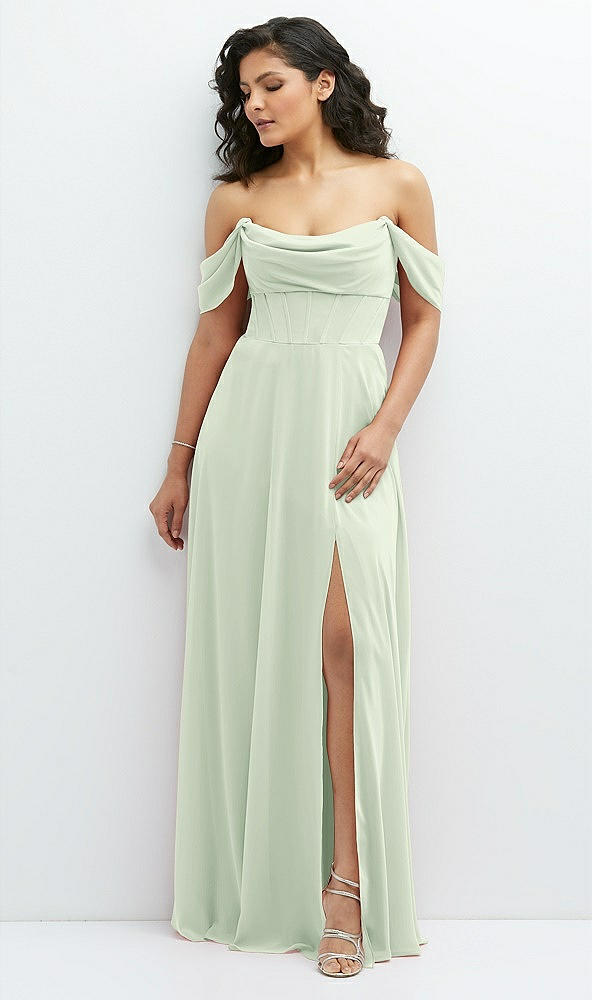 Front View - Mint Green Chiffon Corset Maxi Dress with Removable Off-the-Shoulder Swags