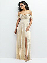 Front View Thumbnail - Butter Yellow Floral Chiffon Corset Maxi Dress with Removable Off-the-Shoulder Swags