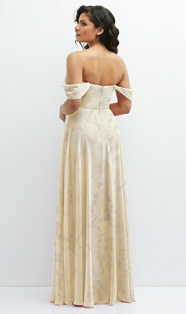 Back View - Butter Yellow Floral Chiffon Corset Maxi Dress with Removable Off-the-Shoulder Swags