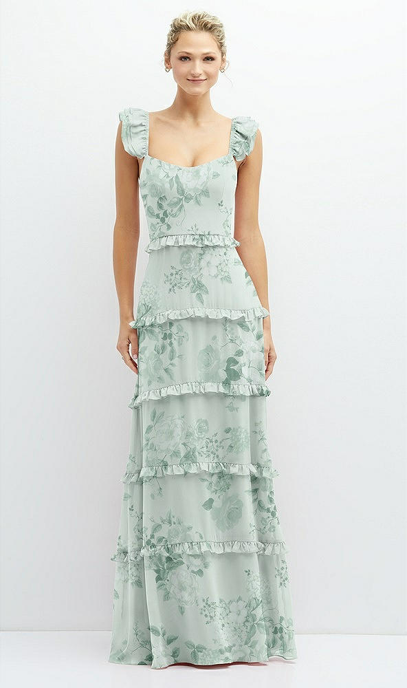 Front View - Mint Green Floral Tiered Chiffon Maxi A-line Dress with Convertible Ruffle Straps
