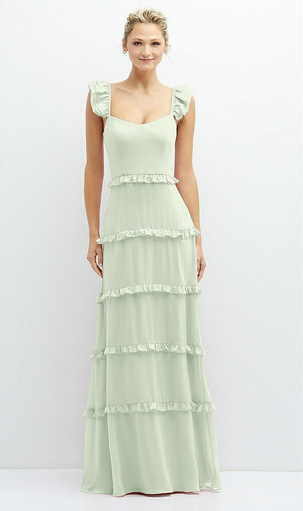 Front View - Mint Green Tiered Chiffon Maxi A-line Dress with Convertible Ruffle Straps