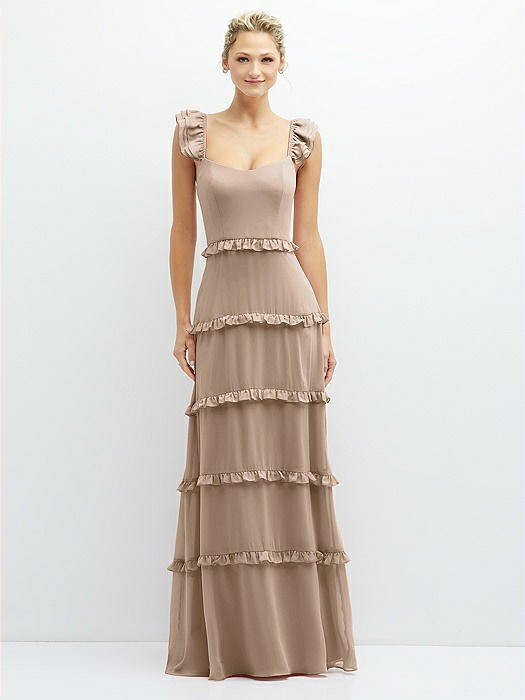 Tiered Chiffon Maxi A-line Dress with Convertible Ruffle Straps