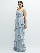 Side View Thumbnail - Mist Asymmetrical Tiered Ruffle Chiffon Maxi Dress with Handworked Flowers Detail