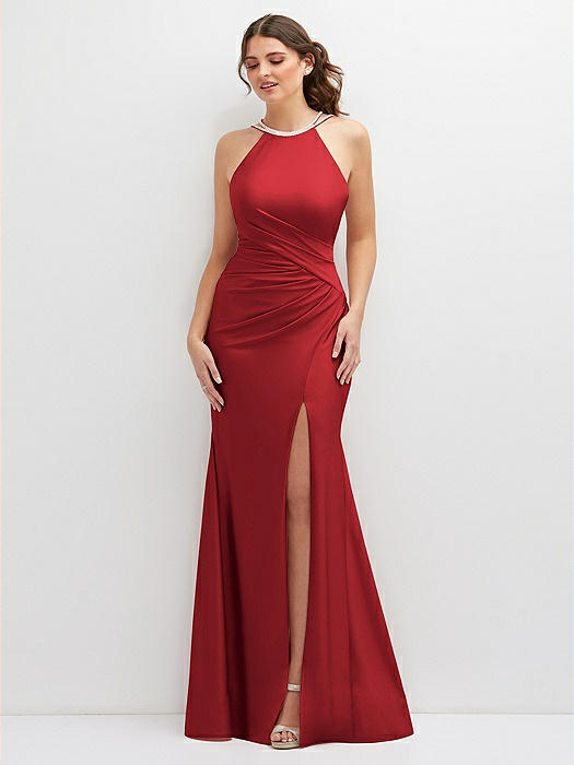 Halter Asymmetrical Draped Stretch Satin Mermaid Dress with Rhinestone Straps