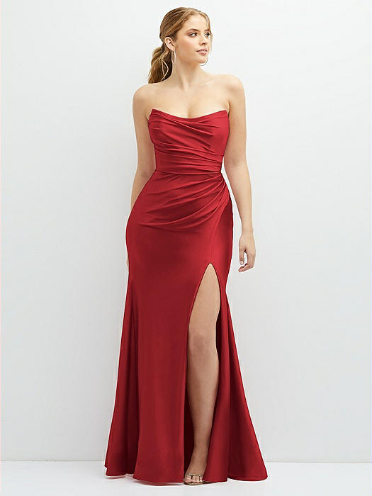 Strapless Basque-Neck Draped Stretch Satin Mermaid Dress with Horsehair Hem