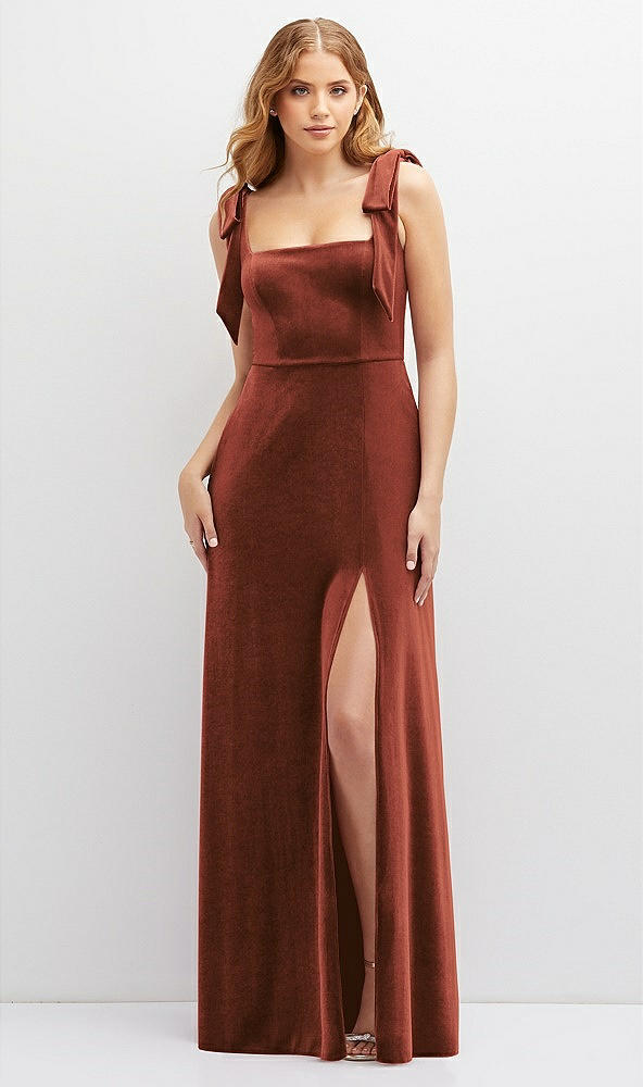 Front View - Auburn Moon Square Neck Velvet Maxi Dress with Bow Shoulders