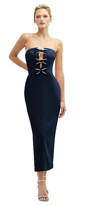 Rhinestone Bow Trimmed Peek-a-Boo Deep-V Midi Dress with Pencil Skirt