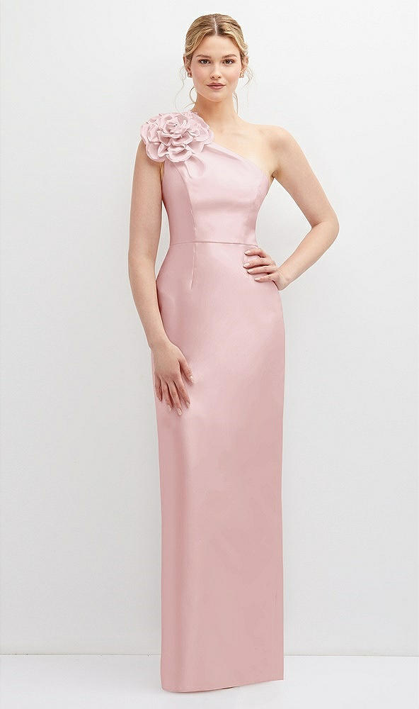 Front View - Ballet Pink Oversized Flower One-Shoulder Satin Column Dress