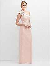 Side View Thumbnail - Blush Oversized Flower One-Shoulder Satin Column Dress