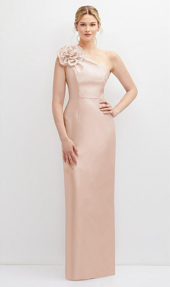 Front View - Cameo Oversized Flower One-Shoulder Satin Column Dress