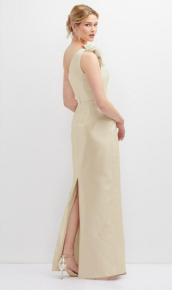 Back View - Champagne Oversized Flower One-Shoulder Satin Column Dress