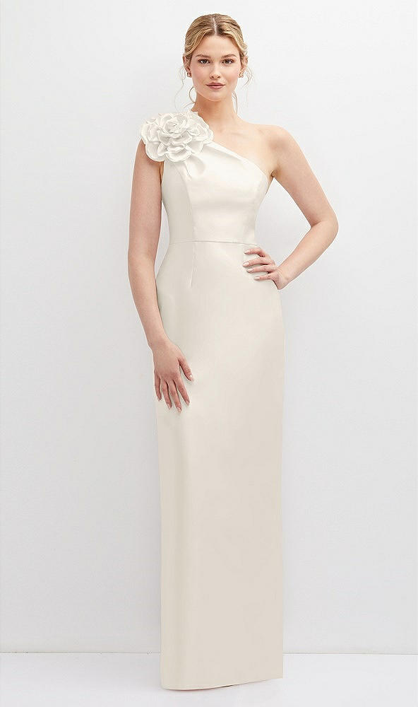 Front View - Ivory Oversized Flower One-Shoulder Satin Column Dress