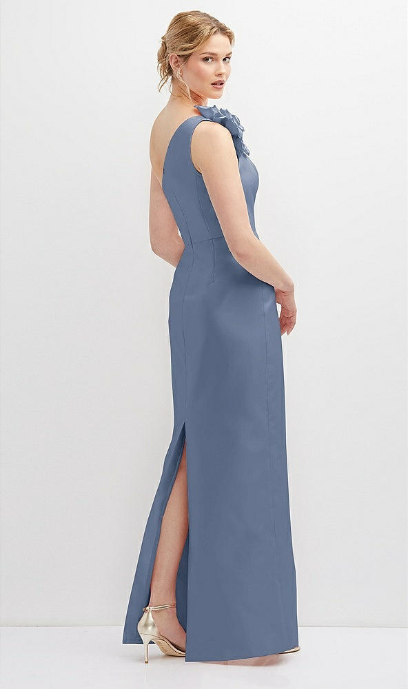 Back View - Larkspur Blue Oversized Flower One-Shoulder Satin Column Dress