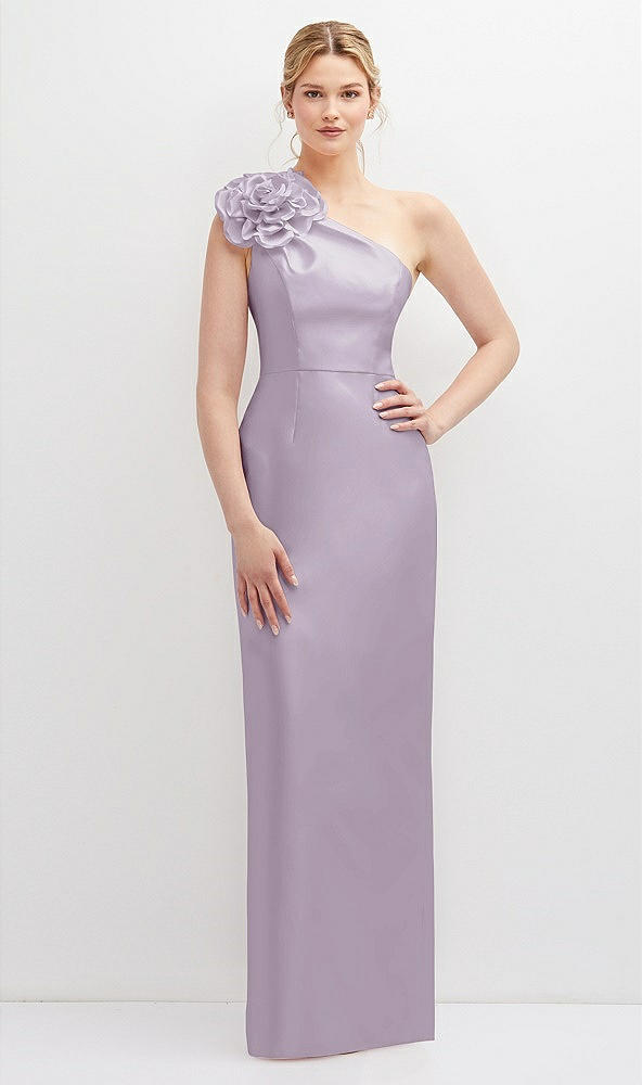 Front View - Lilac Haze Oversized Flower One-Shoulder Satin Column Dress