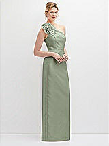 Side View Thumbnail - Sage Oversized Flower One-Shoulder Satin Column Dress