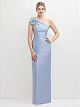 Front View Thumbnail - Sky Blue Oversized Flower One-Shoulder Satin Column Dress