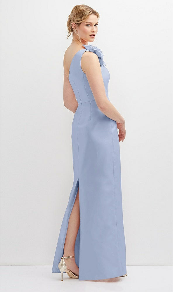 Back View - Sky Blue Oversized Flower One-Shoulder Satin Column Dress
