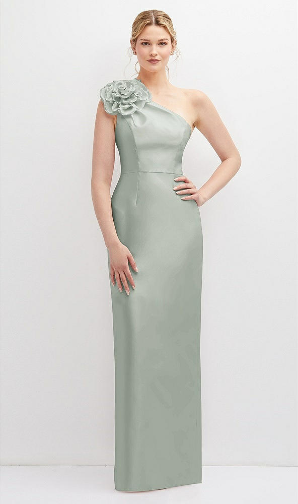 Front View - Willow Green Oversized Flower One-Shoulder Satin Column Dress