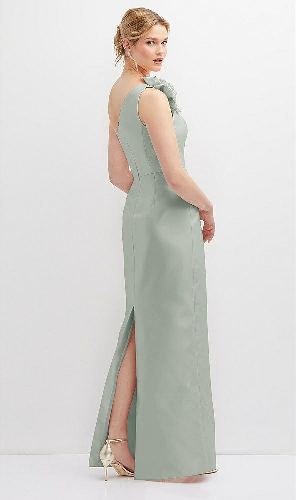 Back View - Willow Green Oversized Flower One-Shoulder Satin Column Dress