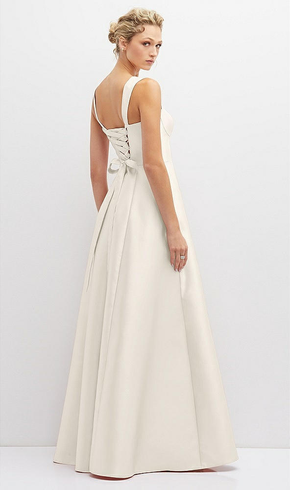Back View - Ivory Lace-Up Back Bustier Satin Dress with Full Skirt and Pockets
