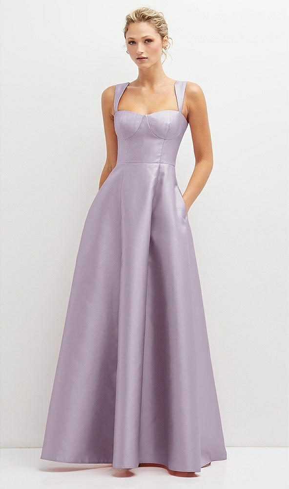 Front View - Lilac Haze Lace-Up Back Bustier Satin Dress with Full Skirt and Pockets
