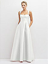 Front View Thumbnail - White Lace-Up Back Bustier Satin Dress with Full Skirt and Pockets