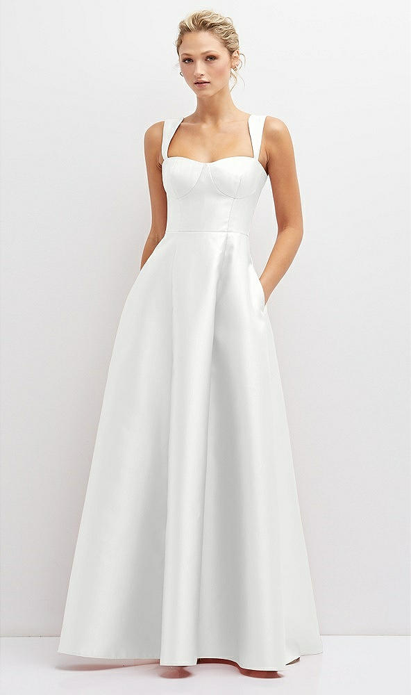 Front View - White Lace-Up Back Bustier Satin Dress with Full Skirt and Pockets