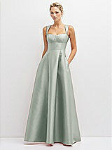Front View Thumbnail - Willow Green Lace-Up Back Bustier Satin Dress with Full Skirt and Pockets