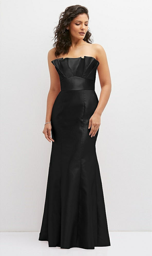 Front View - Black Strapless Satin Fit and Flare Dress with Crumb-Catcher Bodice