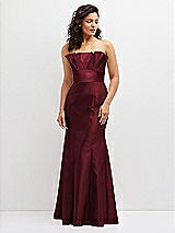 Front View Thumbnail - Cabernet Strapless Satin Fit and Flare Dress with Crumb-Catcher Bodice