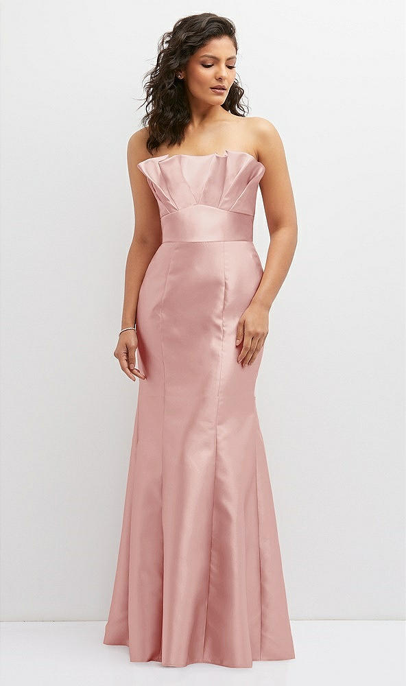 Front View - Rose Strapless Satin Fit and Flare Dress with Crumb-Catcher Bodice