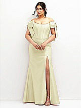 Front View Thumbnail - Butter Yellow Off-the-Shoulder Bow Satin Corset Dress with Fit and Flare Skirt
