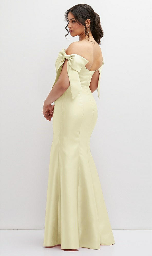 Back View - Butter Yellow Off-the-Shoulder Bow Satin Corset Dress with Fit and Flare Skirt