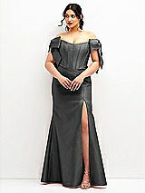 Front View Thumbnail - Pewter Off-the-Shoulder Bow Satin Corset Dress with Fit and Flare Skirt