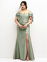 Front View Thumbnail - Sage Off-the-Shoulder Bow Satin Corset Dress with Fit and Flare Skirt