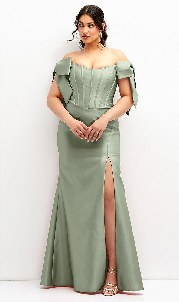 Front View - Sage Off-the-Shoulder Bow Satin Corset Dress with Fit and Flare Skirt