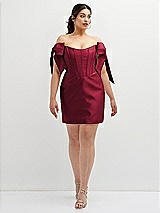 Alt View 2 Thumbnail - Burgundy Satin Off-the-Shoulder Bow Corset Fit and Flare Mini Dress
