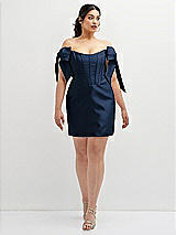 Alt View 2 Thumbnail - Midnight Navy Satin Off-the-Shoulder Bow Corset Fit and Flare Mini Dress