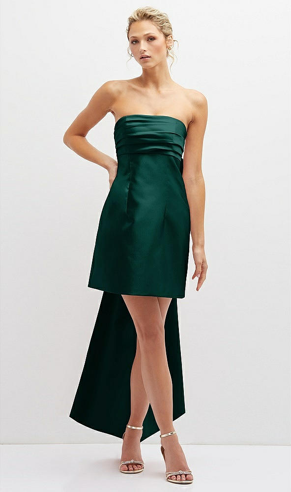 Front View - Evergreen Strapless Satin Column Mini Dress with Oversized Bow